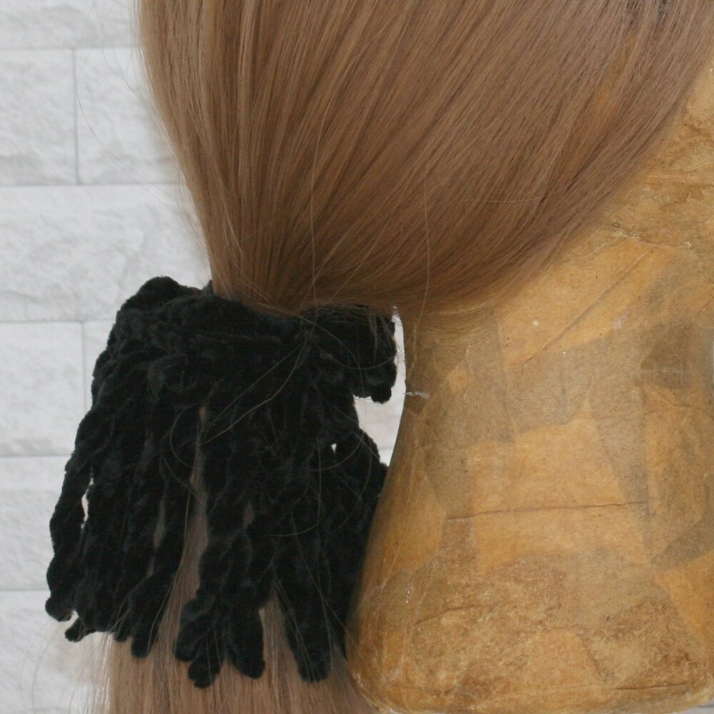 HAND CRAFTED Hair Scrunchie Crochet Chenille Velvet Oversized Fringe Black